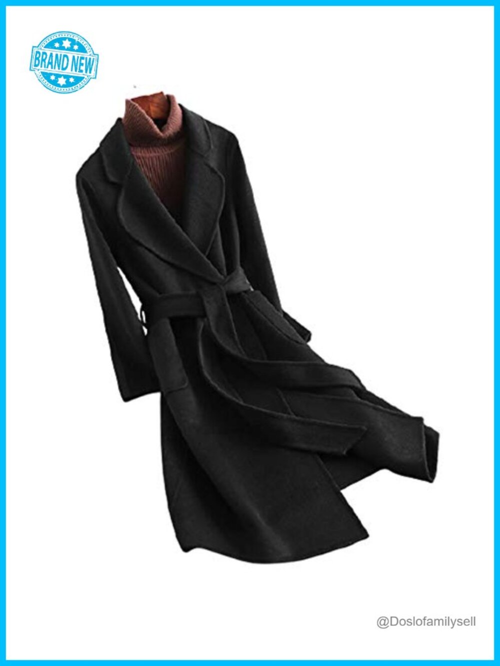 100% Wool Trench Coat Womens Slim V-Neck Long Overcoat with Belt